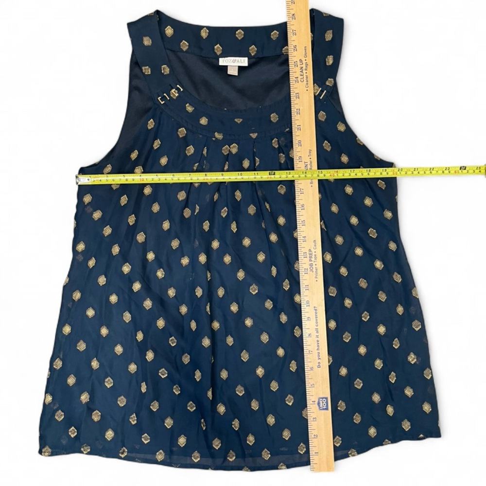 Roz & Ali Pleated Tank Top Blouse Navy Gold Metallic Diamond L Geometric Dressy - Picture 6 of 6